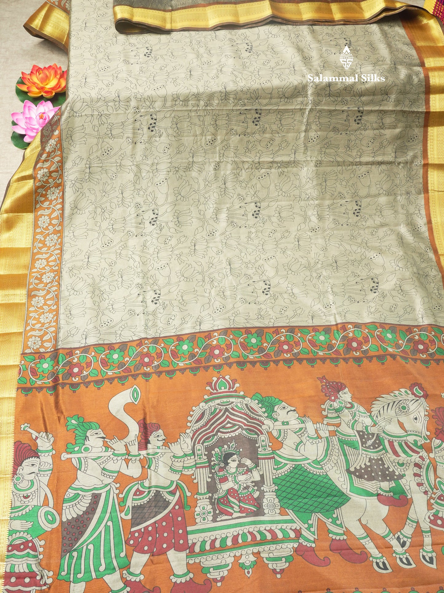 Grey Pichwai Print In Semi Raw Silk Saree With Contrast Maroon Traditional Border
