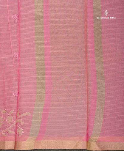 Cotton Mix Saree - Light Pink Colour Body Embroidery Design With Small Ribbon Border