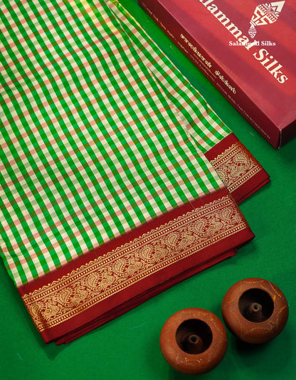 11 Yards Semi Silk Saree Multicolour Checks with Maroon Border
