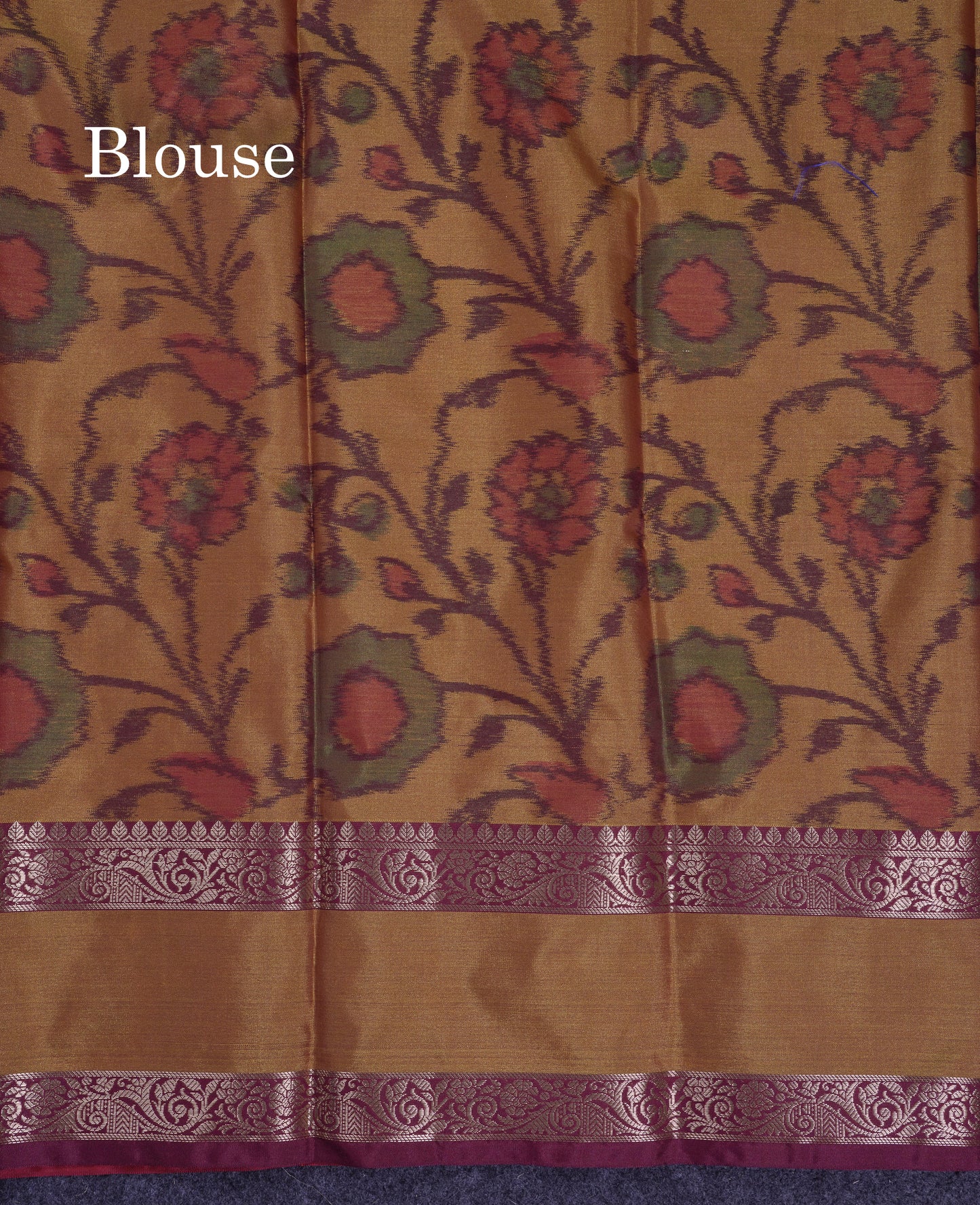 Beautiful Dual Tone Orange Semi Silk Saree With Contrast Brown Pochampalli Blouse