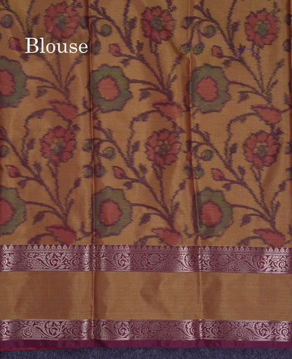 Beautiful Dual Tone Orange Semi Silk Saree With Contrast Brown Pochampalli Blouse