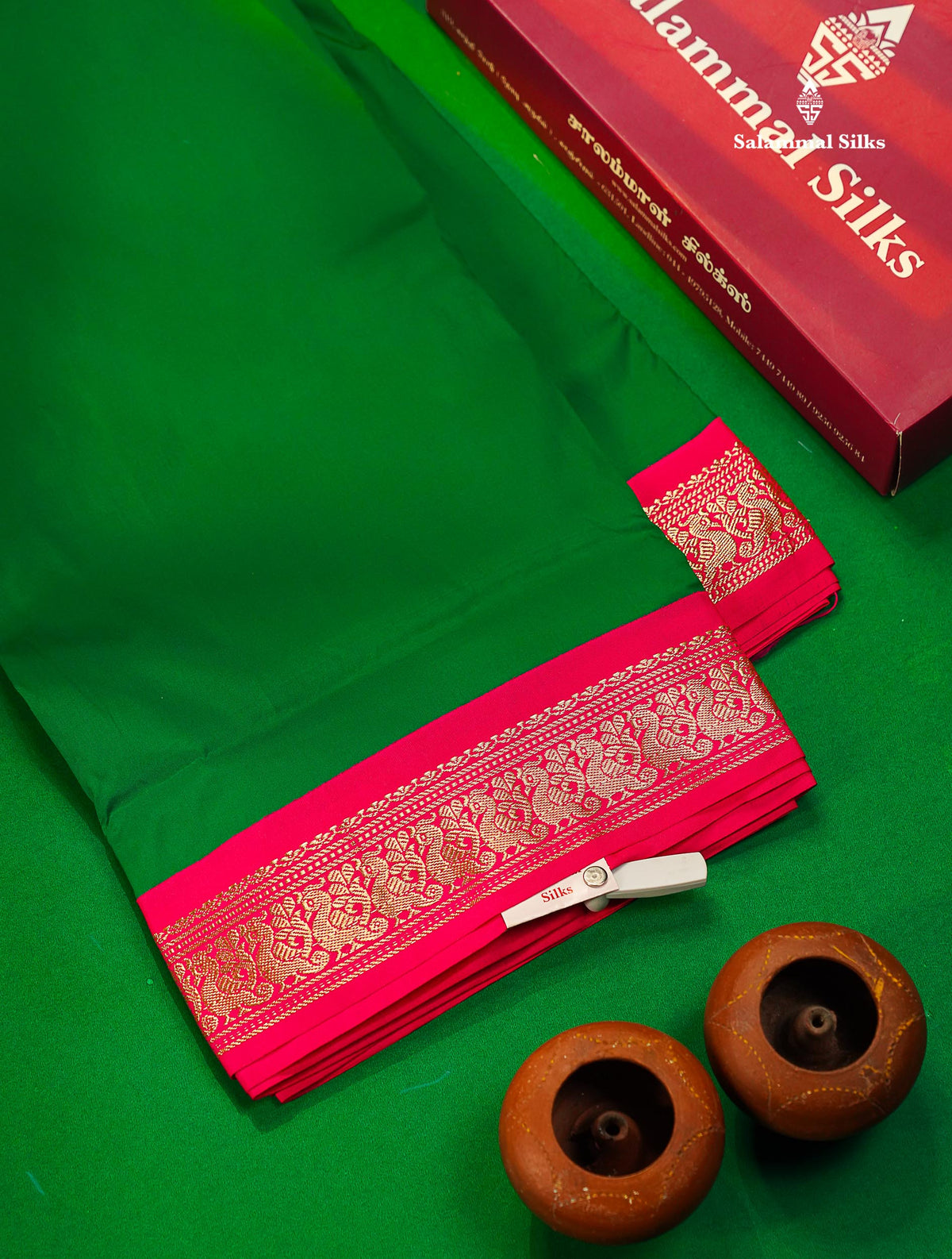 9.5 Yards Semi Silk Saree Saffire Green With Contrast Pink Traditional Border