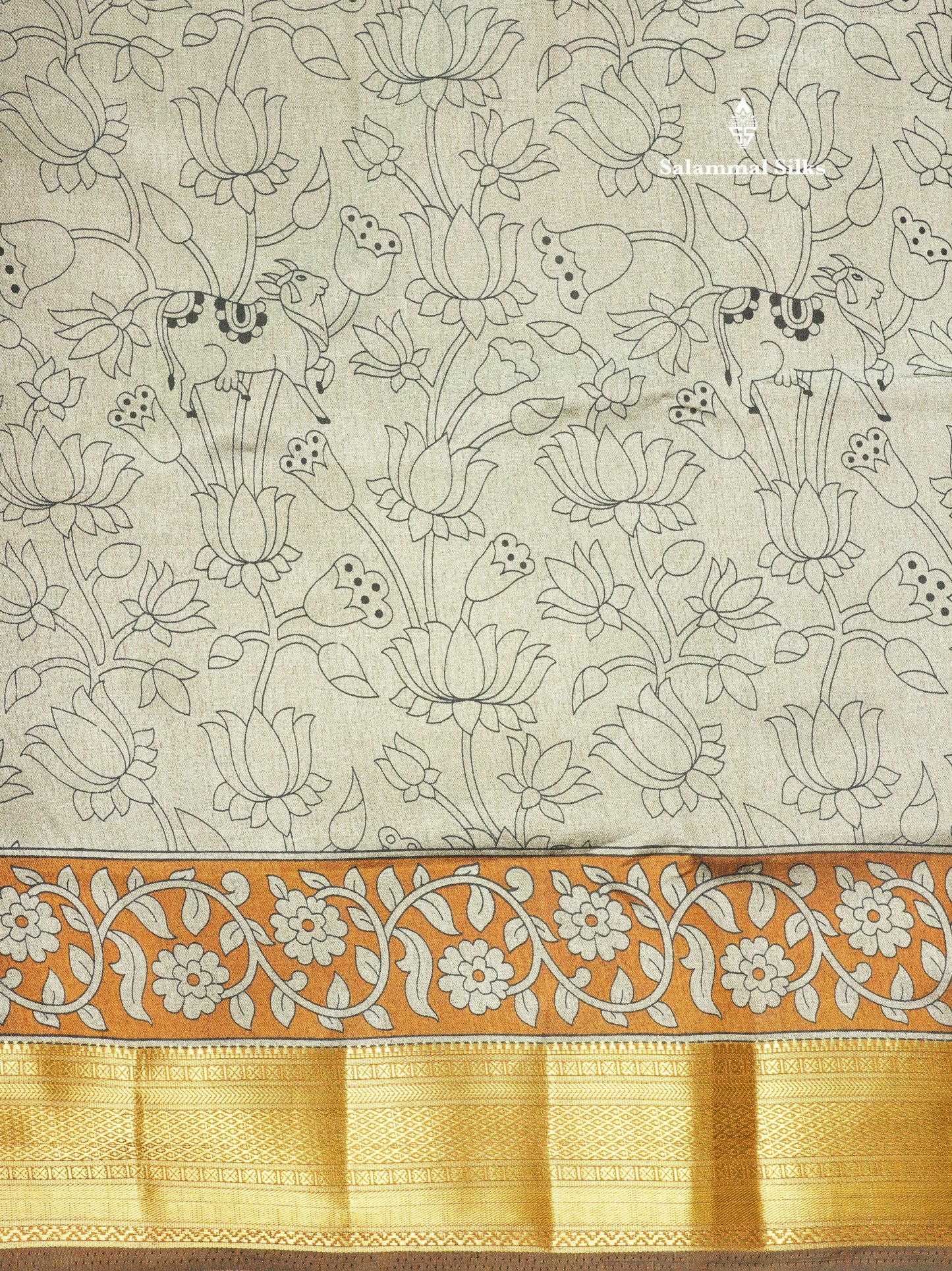 Grey Pichwai Print In Semi Raw Silk Saree With Contrast Maroon Traditional Border