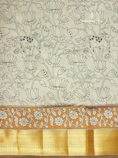 Grey Pichwai Print In Semi Raw Silk Saree With Contrast Maroon Traditional Border