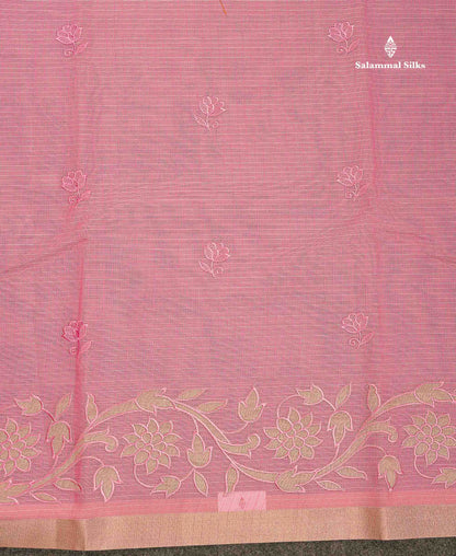 Cotton Mix Saree - Light Pink Colour Body Embroidery Design With Small Ribbon Border