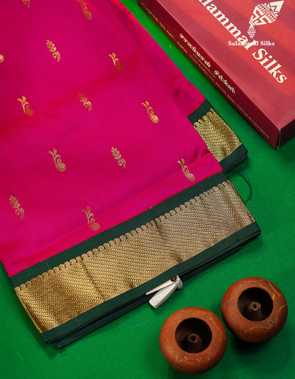 11 Yards Semi Silk Saree Magenta with Contrast Bottle Green Traditional Border