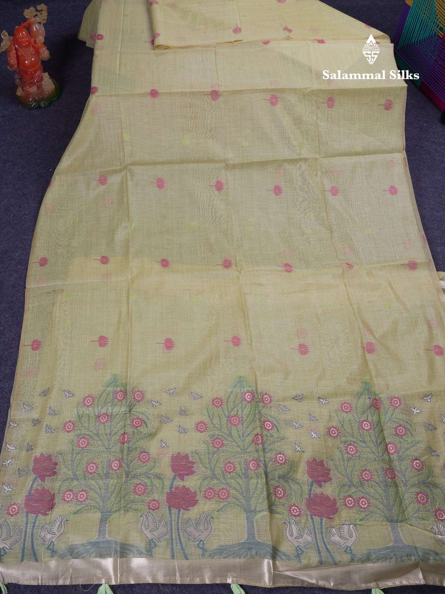 Beautiful Yellow Thread Work Butta Muga Cotton Saree With Blouse