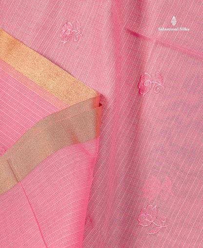 Cotton Mix Saree - Light Pink Colour Body Embroidery Design With Small Ribbon Border