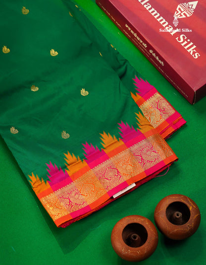 9 Yards Semi Silk Saree Orange With Contrast Green Traditional Temple Border