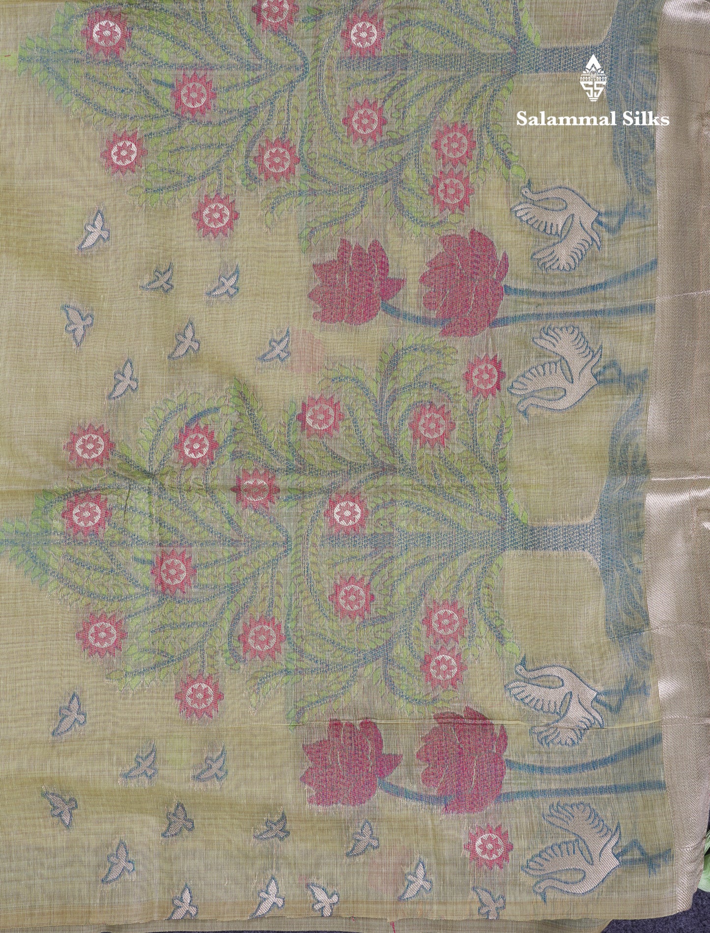 Beautiful Yellow Thread Work Butta Muga Cotton Saree With Blouse