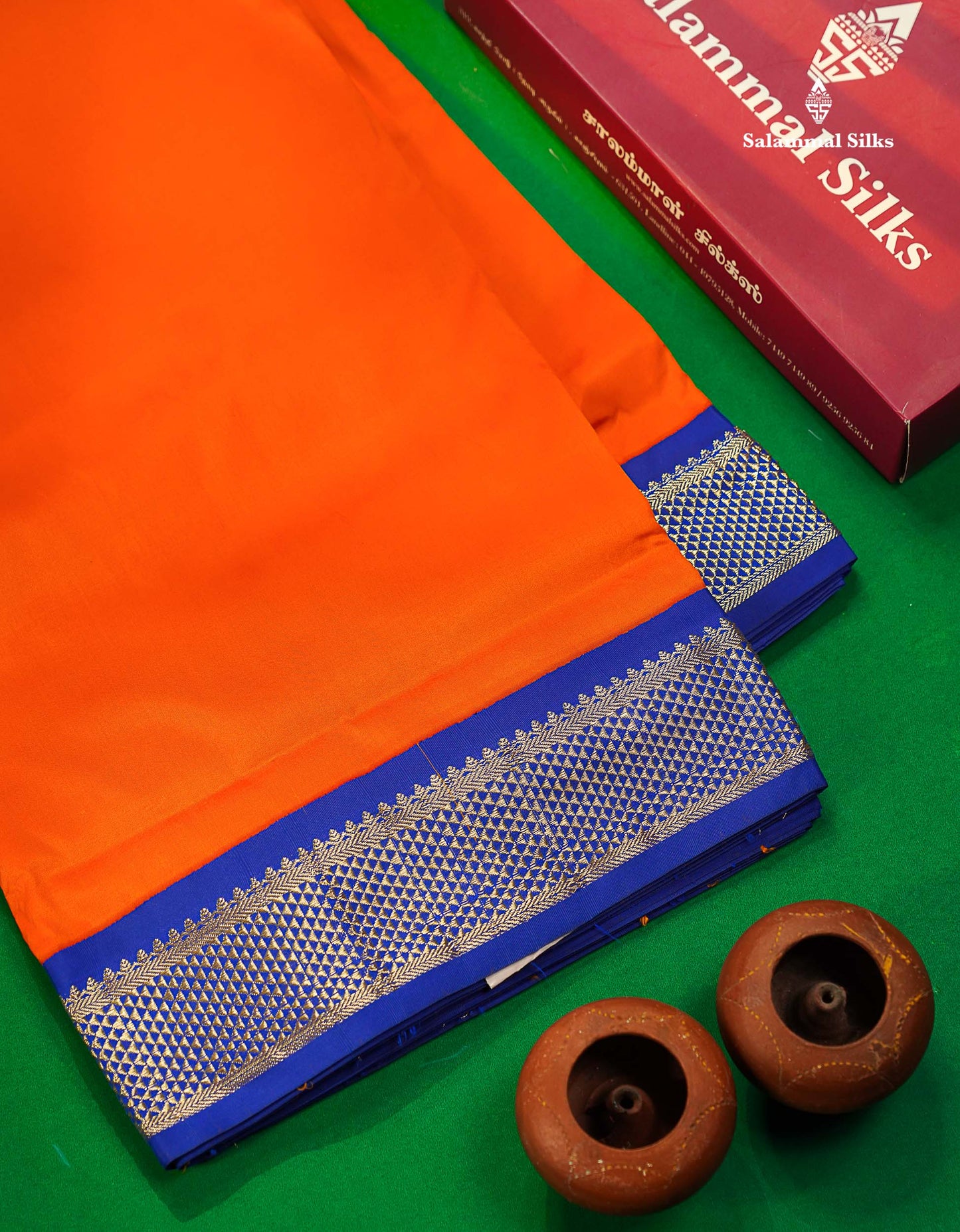 11 Yards Semi Silk Saree Rust Orange with Contrast Royal Blue Border
