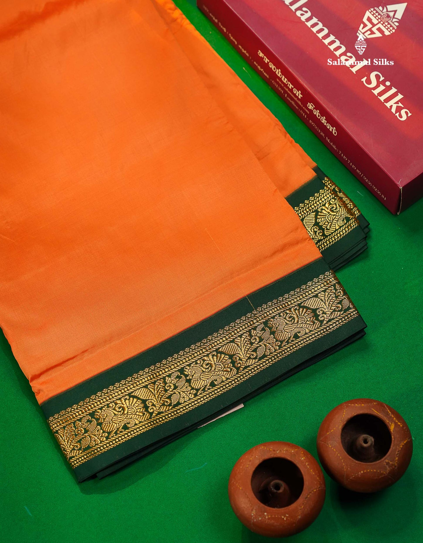 11 Yards Semi Silk Saree Pink with Contrast Bottle Green Border