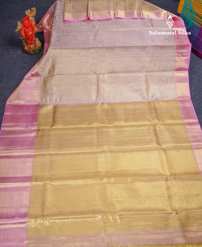 Beautiful Baby Pink Tissue Bridal Pure Kanjivaram Silk Saree With Contrast Light Pink Evening Morning Border