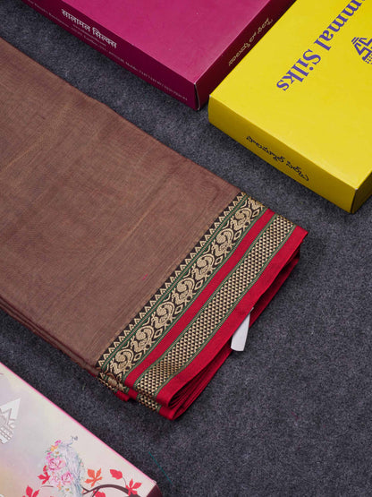Beautiful Light Chocolate Plain Pure Cotton Saree With Traditional Border