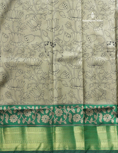 Grey Pichwai Print In Semi Raw Silk Saree With Contrast Maroon Traditional Border