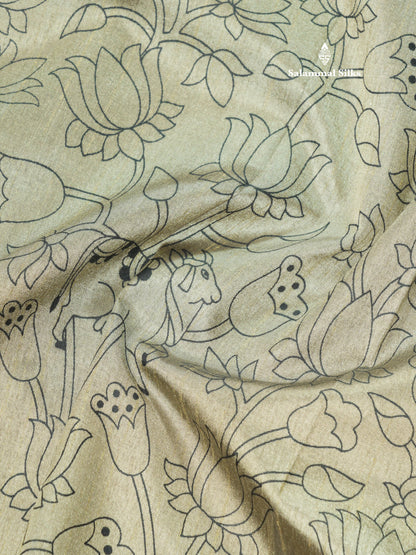 Grey Pichwai Print In Semi Raw Silk Saree With Contrast Maroon Traditional Border
