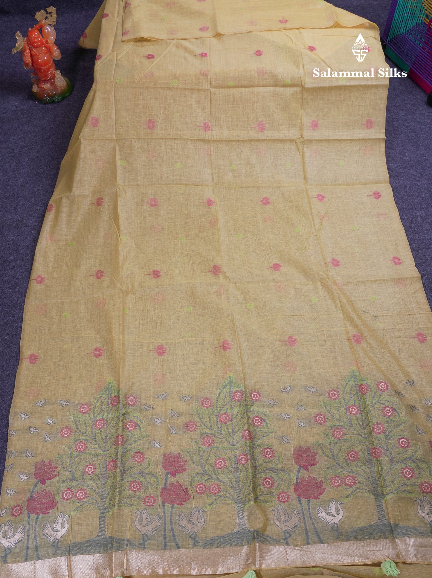 Beautiful Yellow Thread Work Butta Muga Cotton Saree With Blouse