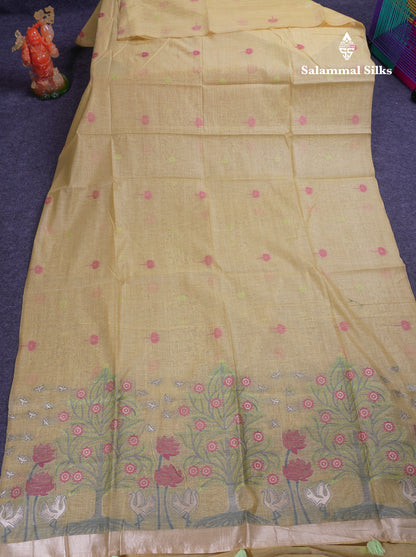 Beautiful Yellow Thread Work Butta Muga Cotton Saree With Blouse