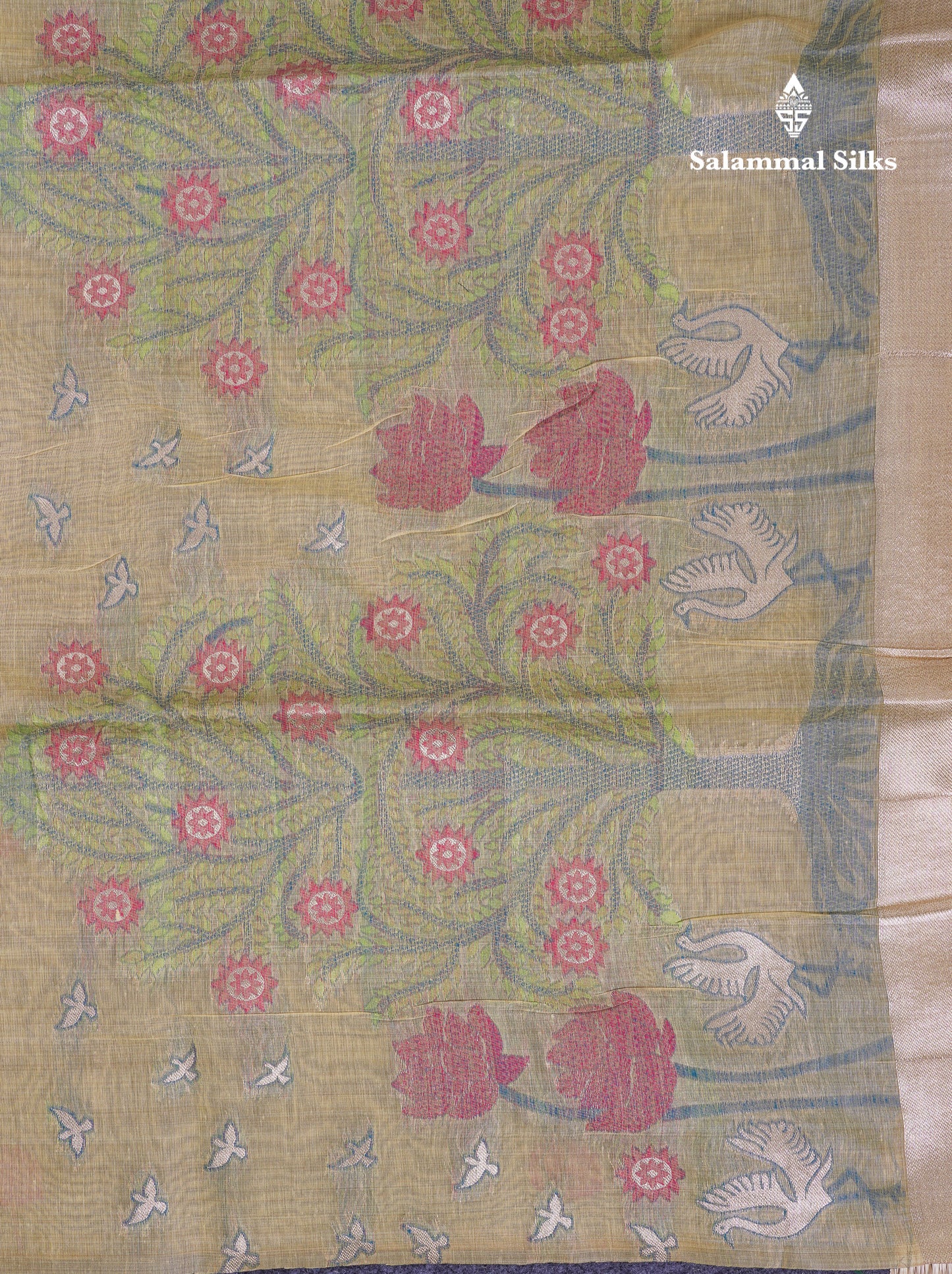 Beautiful Yellow Thread Work Butta Muga Cotton Saree With Blouse