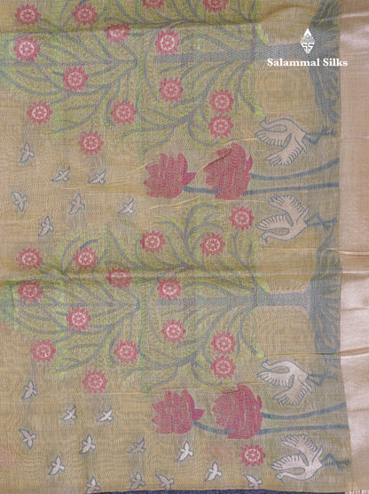 Beautiful Yellow Thread Work Butta Muga Cotton Saree With Blouse