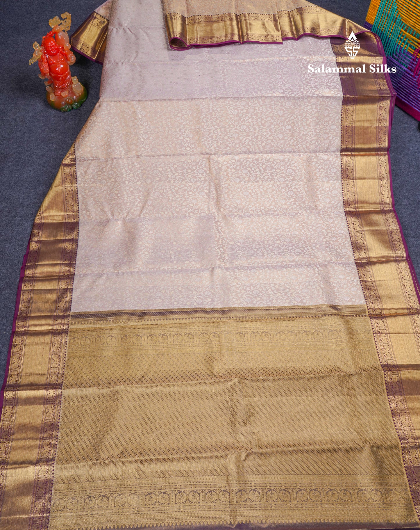 Beautiful Light Peach Tissue Bridal Pure Kanjivaram Silk Saree With Contrast Dark Magenta Traditional Border