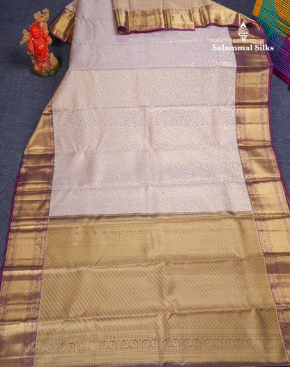 Beautiful Light Peach Tissue Bridal Pure Kanjivaram Silk Saree With Contrast Dark Magenta Traditional Border