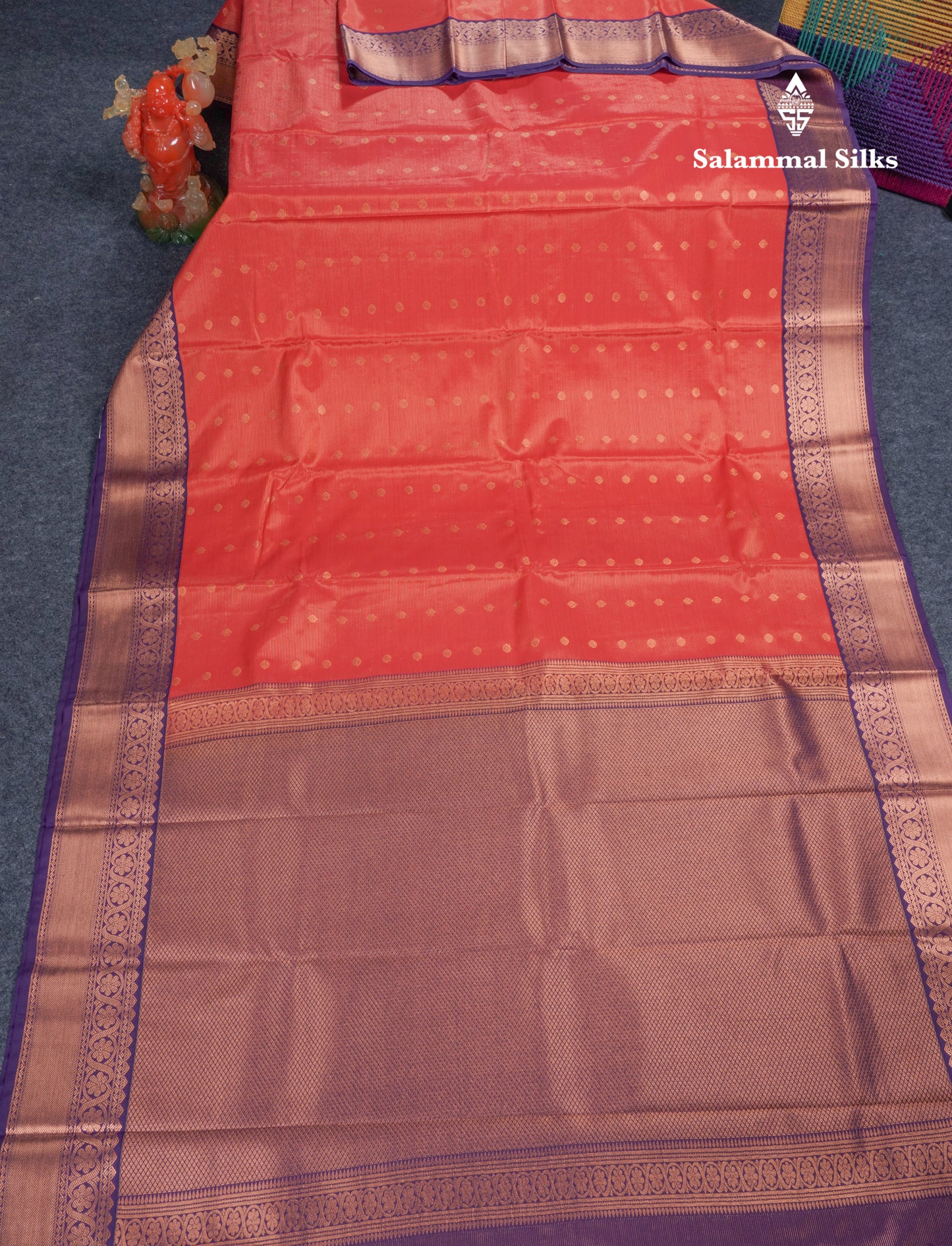 Reddish Maroon Vairaoosi Lines With Butta Semi Silk Saree With Contrast Purple Border
