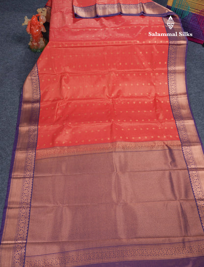 Reddish Maroon Vairaoosi Lines With Butta Semi Silk Saree With Contrast Purple Border