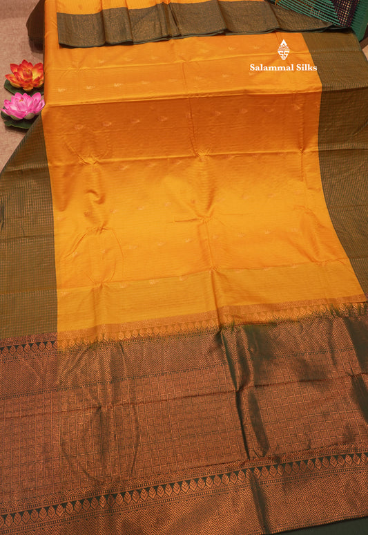 Mango Yellow Colour Semi Silk Saree With Contrast Bottle Green Border