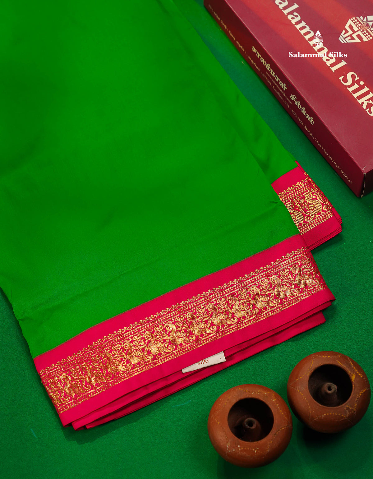 11 Yards Semi Silk Saree Green with Contrast Pink Border