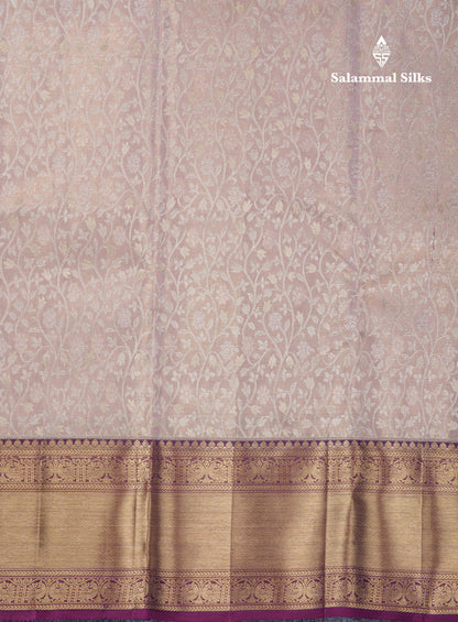 Beautiful Light Peach Tissue Bridal Pure Kanjivaram Silk Saree With Contrast Dark Magenta Traditional Border