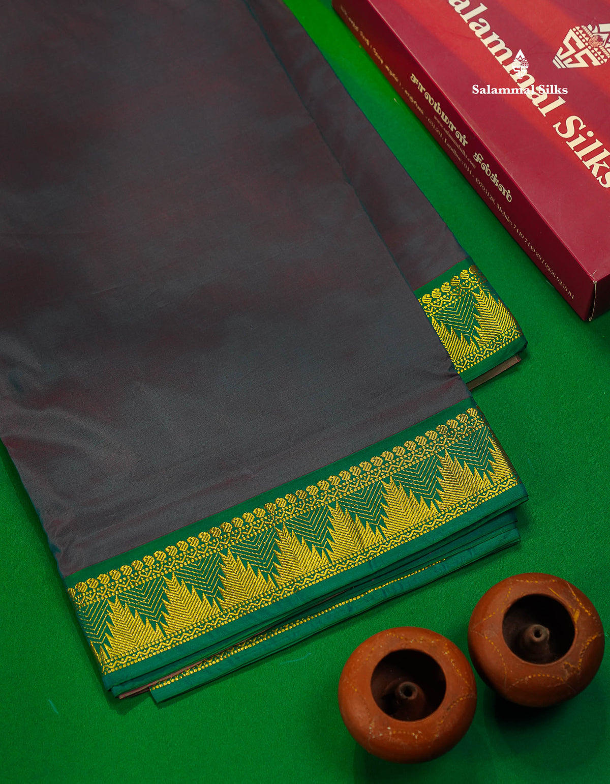10 Yards Art Silk Saree Dark Brown with Contrast Green Temple Border