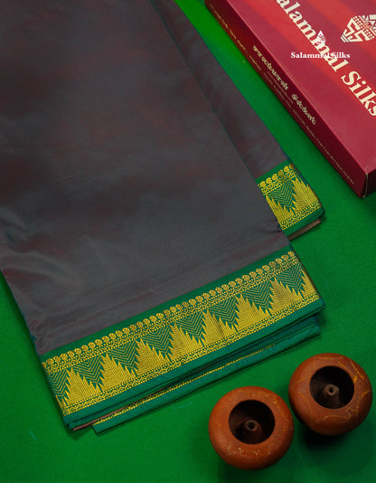 10 Yards Art Silk Saree Dark Brown with Contrast Green Temple Border