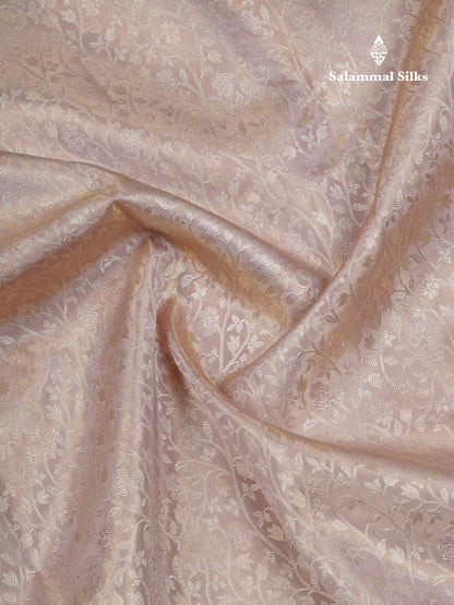 Beautiful Light Peach Tissue Bridal Pure Kanjivaram Silk Saree With Contrast Dark Magenta Traditional Border
