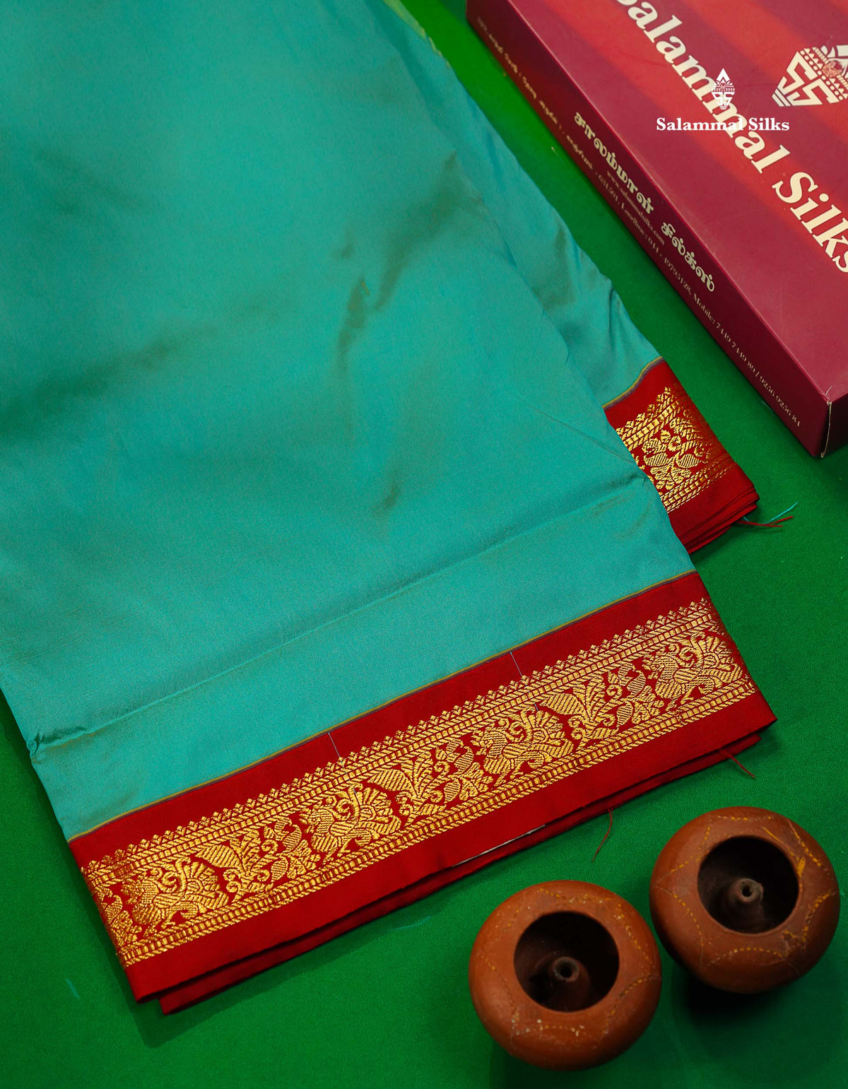 11 Yards Semi Silk Saree Green with Contrast Pink Border