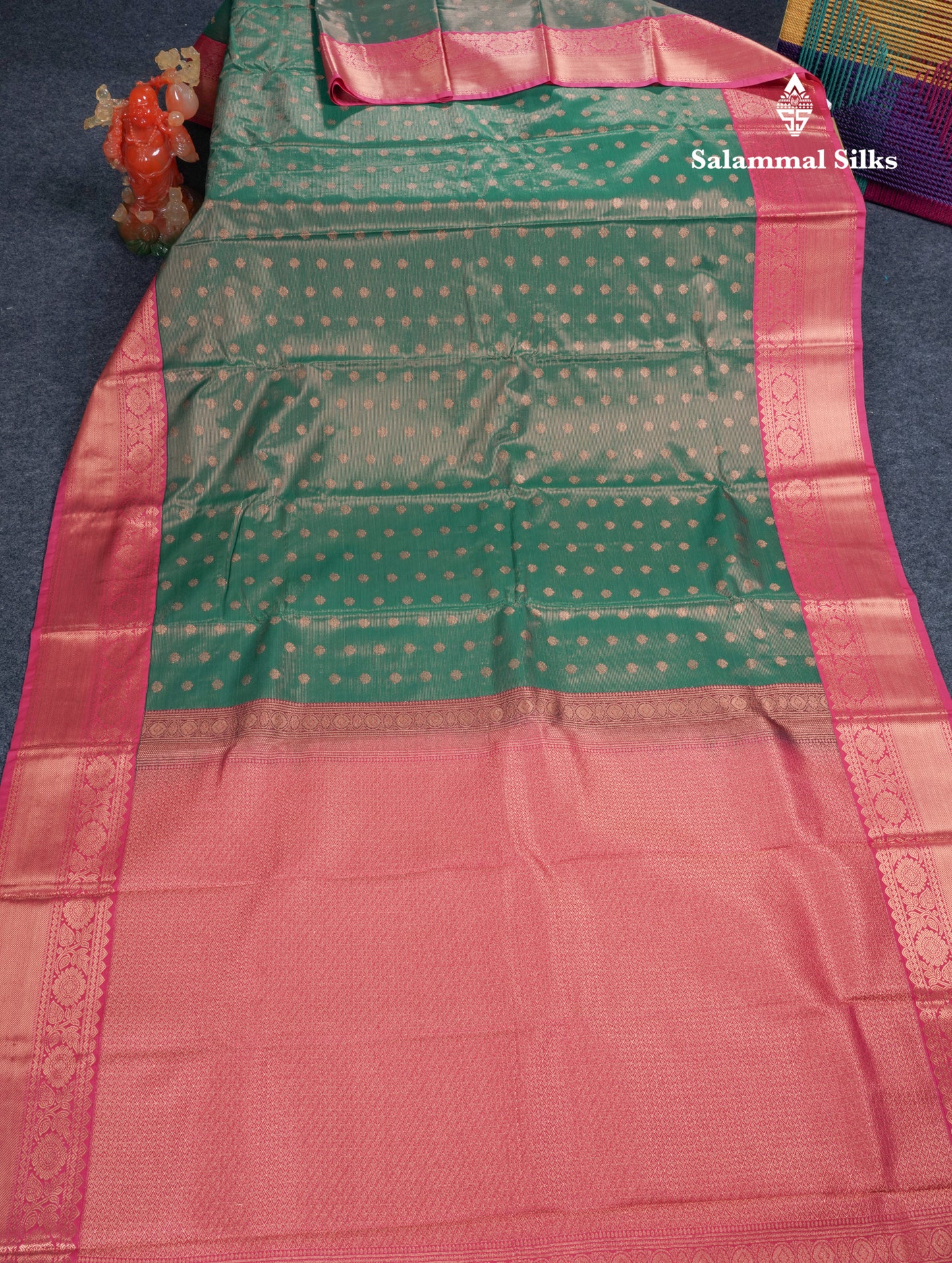Bottle Green Vairaoosi Lines With Butta Semi Silk Saree With Contrast Pink Border