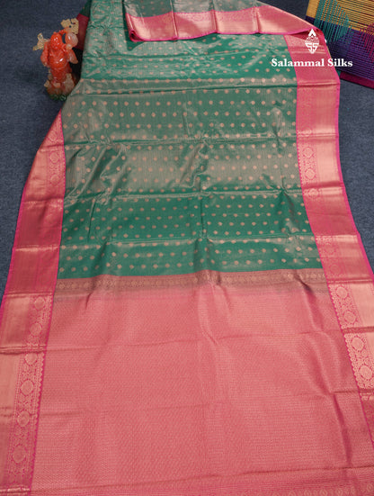 Bottle Green Vairaoosi Lines With Butta Semi Silk Saree With Contrast Pink Border