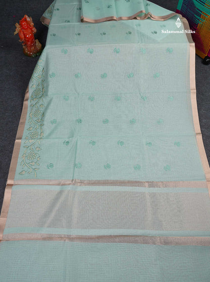Cotton Mix Saree - Light Rexona Colour Body Embroidery Design With Small Ribbon Border