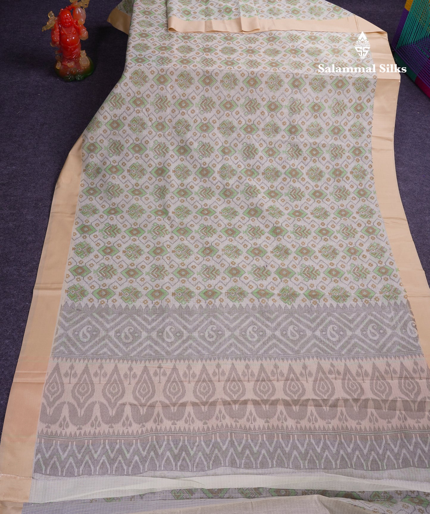 Beautiful Parrot Green Kota Cotton Fancy Saree With Contrast Cream Sandal Border