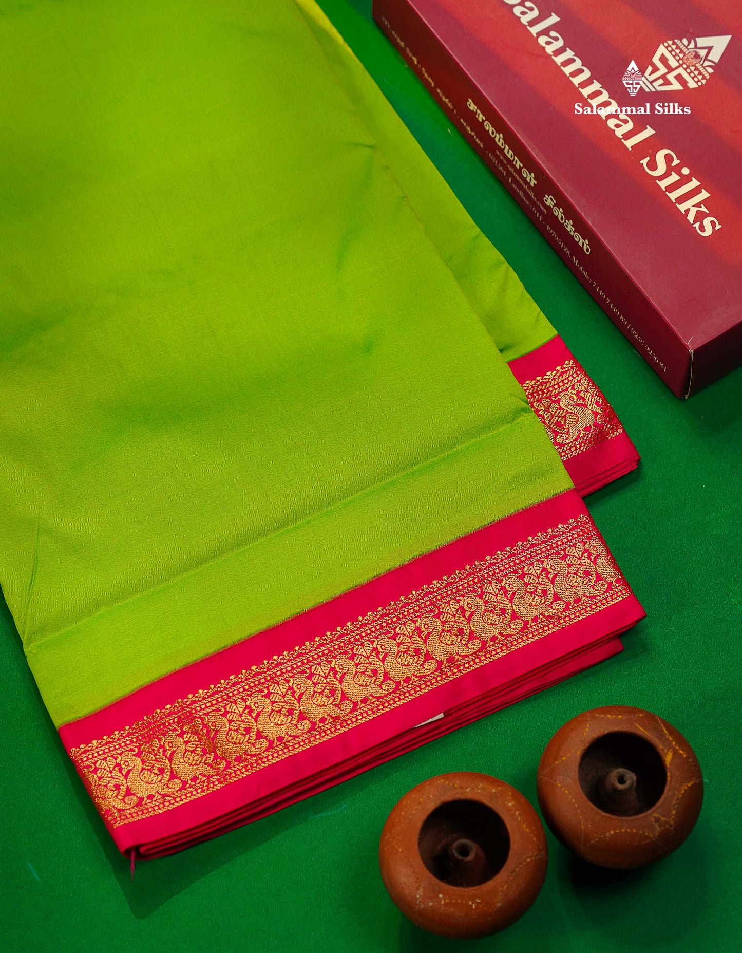 11 Yards Semi Silk Saree Green with Contrast Pink Border