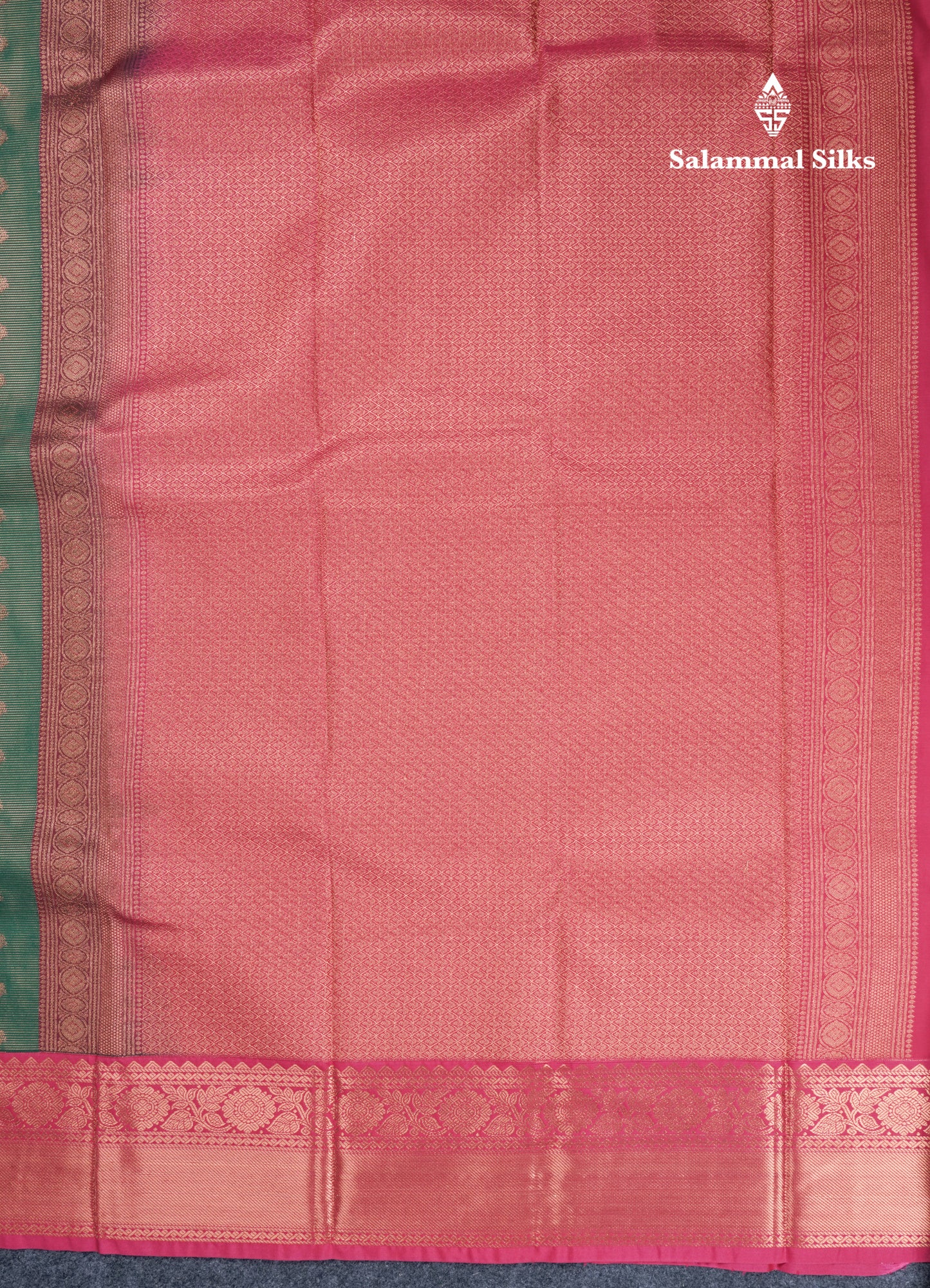 Bottle Green Vairaoosi Lines With Butta Semi Silk Saree With Contrast Pink Border
