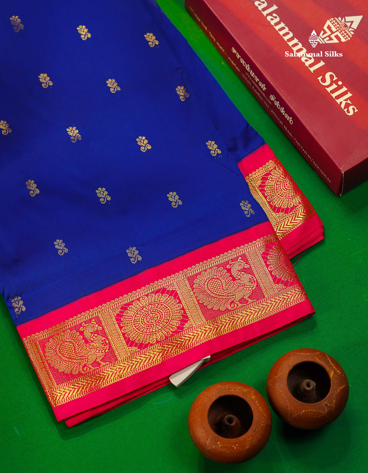 Semi Silk Saree - Royal Blue Colour Body Zari Butta With Contrast Pink Traditional Border | 10.5 Yards