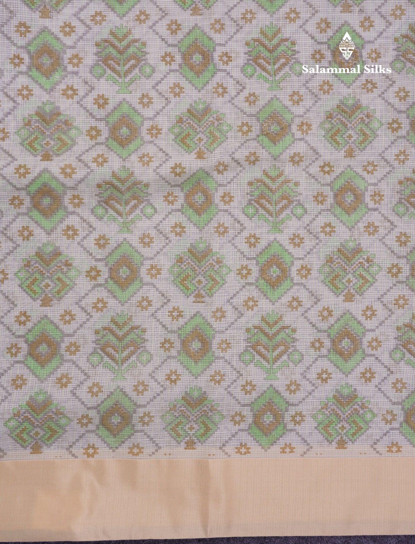 Beautiful Parrot Green Kota Cotton Fancy Saree With Contrast Cream Sandal Border
