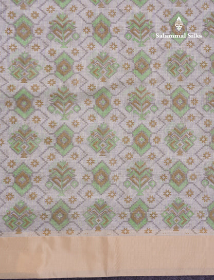 Beautiful Parrot Green Kota Cotton Fancy Saree With Contrast Cream Sandal Border