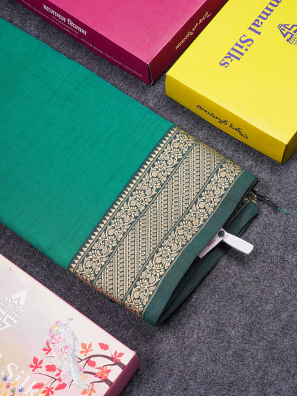 Beautiful Sapphire Green Plain Pure Cotton Saree With Traditional Thread Work Border