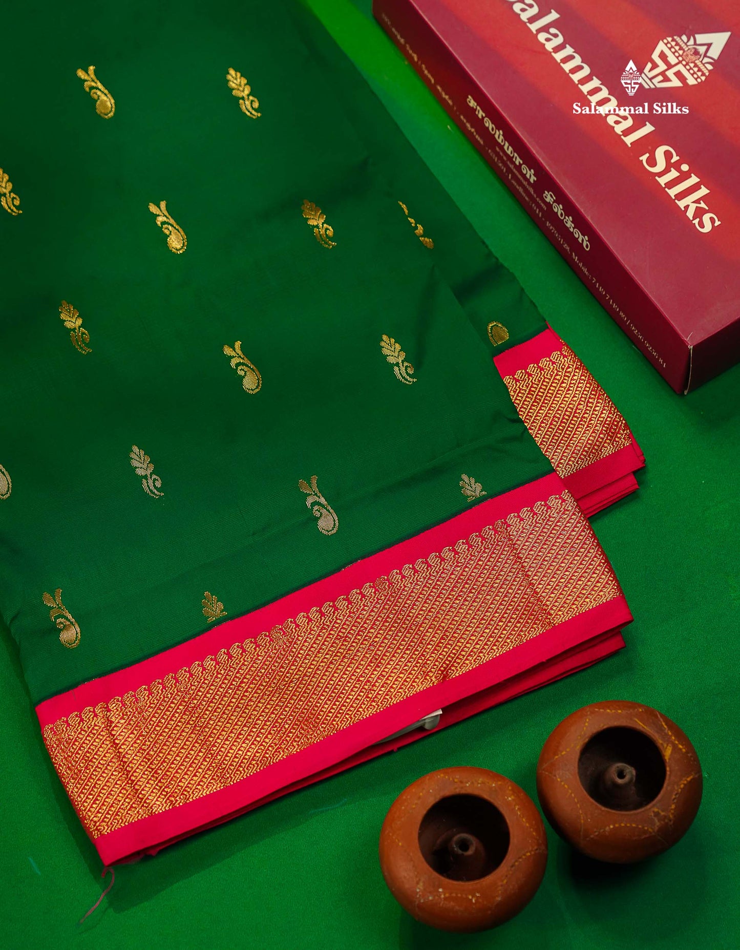 11 Yards Semi Silk Saree Bottle Green with Contrast Pink Traditional Border
