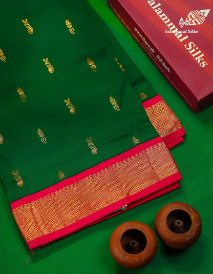 11 Yards Semi Silk Saree Bottle Green with Contrast Pink Traditional Border