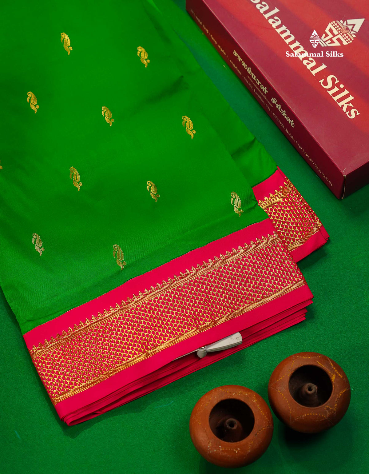 Semi Silk Saree - Green Colour Body Zari Butta With Contrast Pink Border | 10.5 Yards