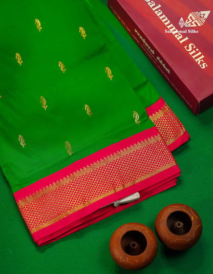 Semi Silk Saree - Green Colour Body Zari Butta With Contrast Pink Border | 10.5 Yards