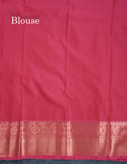 Bottle Green Vairaoosi Lines With Butta Semi Silk Saree With Contrast Pink Border